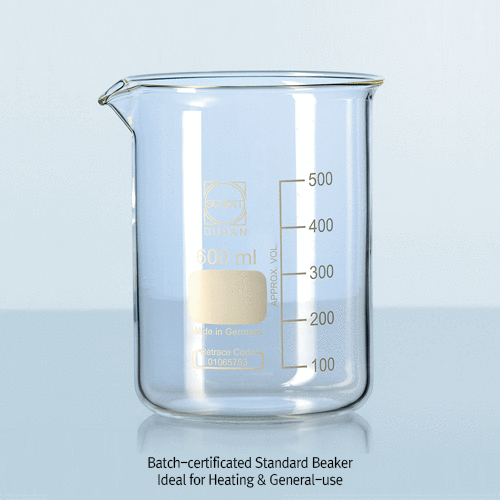 DURAN® Hi-grade Batch-certificated Standard Beaker, Standard Low Form, Full range 5~10,000㎖Ideal for Heating & General use, Borosilicate-glass 3.3 , 고품질 표준형 비커