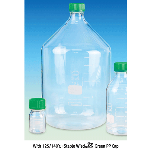 DURAN® “Leak-Proof” High-grade Lab Bottle with 3mm-thick PTFE/Silicone Septa-Sealed Cap, 10~20,000㎖Ideal for Chemical Resist & Durability, Boro-glass 3.3, with DIN GL25~45 Screw & Graduation, Autoclavable, “ 리크프루프 ” 랩바틀, 내약품용에 최적