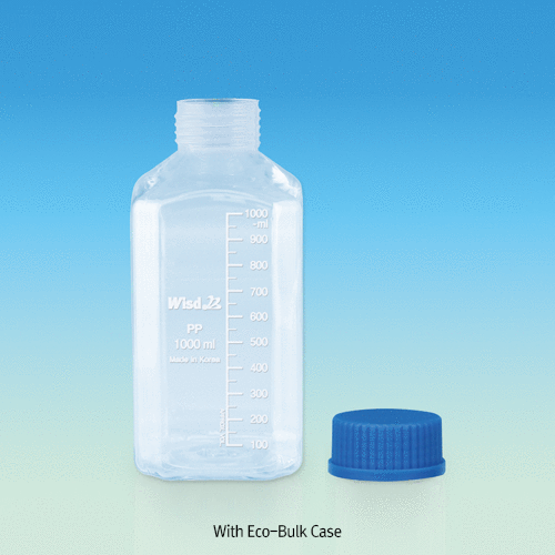 Wisd HDPE SQUARE Bottle, Wide-neck, with DIN/GL-32 & 45 Basic Cap Attached, 100~1,000㎖Fine Graduated, Translucent, Good Chemical / Heat Resistance, 105/120℃ Stable, HDPE 4 각 랩 바틀, 광구