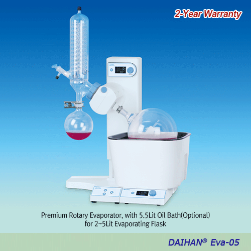 DAIHAN® 0.1~5Lit PREMIUM Rotary Vacuum Evaporator “Eva-05” , Vertical-type, 195mm Auto LiftingWith 2.5Lit Heating Bath(Option 5.5Lit Bath), Up to 200℃, Cooling Surface 1,600cm 2 , 10-Step Immersion Angle 1º~50ºand Automatic Reverse Rotation Function ; Clo