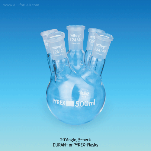 DURAN glass 4 & 5× Joint Neck Round Bottom Flask, 250 ~ 5,000㎖With Joint, 20° Angle or Vertical Side Necks, Boro-glass 3.3, 4 & 5 구 플라스크