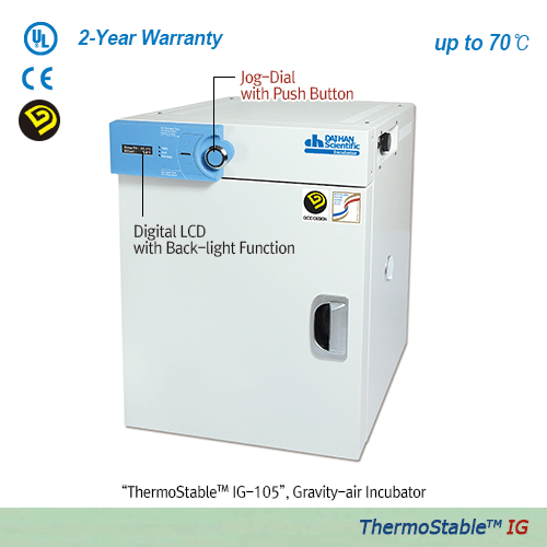 DAIHAN® Gravity-air Incubator “ThermoStable TM IG” , ClassⅠ Medical Device(NIDS), 32·50·105·155 LitWith 2 Wire Shelf, Digital PID Control, Jog-Dial & Push Button, Digital LCD with Backlight, Certi. & Traceability , up to 70℃, ±0.2℃자연 대류식 배양기/인큐베이터, 디지털 퍼지