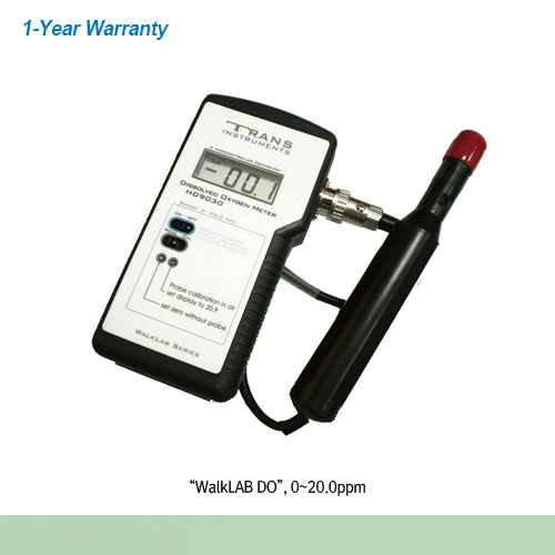 Trans® Basic Portable Dissolved Oxygen Meter, “WalkLAB DO”, 0~20.0/0.1ppm, 0~50.0℃With 1m Probe, Fast In-Air Calibration, Simple to Use, Chemical Resistant HDPP Casing, 휴대용 용존 산소 미터