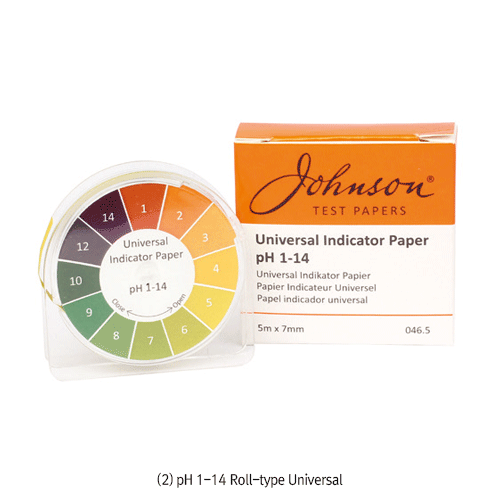 Johnson® pH 1~14 Full-Range Universal Test Paper, Book & Roll-type, with Standard Color-Chart14-Step Color Reaction, [ UK-made ] , pH 1~14 만능시험지, 용액의 pH 를 14-Steps 의 색상변화로 측정함