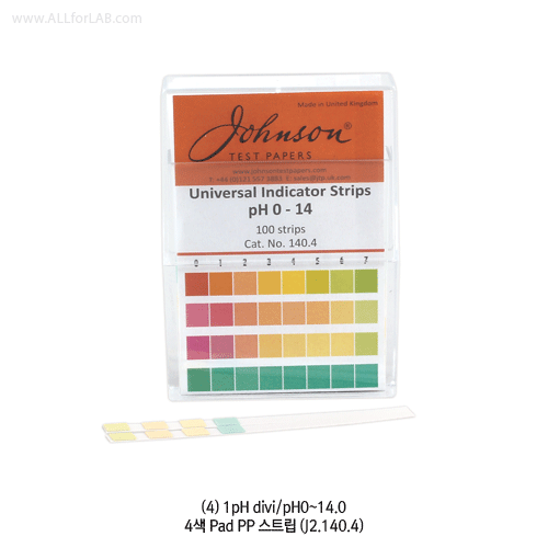Johnson® Professional 3 & 4 Color-Pad Polypropylene pH Comparator, “Non-Bleed” SystemAccurate-type of (1) pH 4.0~10.0 & (2) pH 7.5~14.0, and (3) pH 0~14 Full range, 0.5- or 1-pH divi.3 & 4 색 대열 패드식 pH 시험용 PP- 스트립, 용액에 번짐 / 훼손이 없는 고품질, 1 Strip 에 pH반응 “3/4 