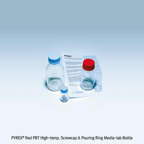PYREX® High-grade Red PBT High-temp. Screwcapped Media-lab Bottle, Batch Certificated, 25~5,000㎖ with Pouring Ring(180℃), Borosilicate Glassα3.3, GL25~GL45 고온 캡 랩바틀