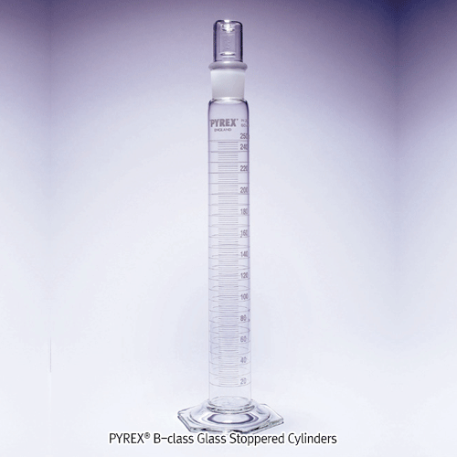 PYREX® B-class Glass Stoppered Cylinders, with Hexagonal Base, 10~2000㎖ with White Enamel Graduation, Borosilicate Glass 3.3, 유리스토퍼 실린더