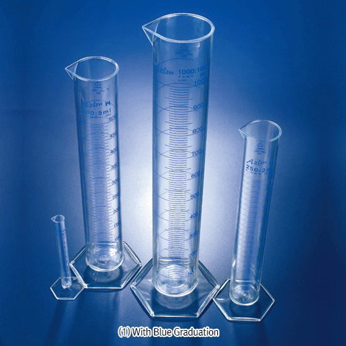Azlon® PMP(TPX) Graduated Cylinders, B-class, 10~2,000㎖ with Blue- or Moulded Graduation, Clystal-clear, Hexagonal Bases, 150℃, 투명 PMP실린더
