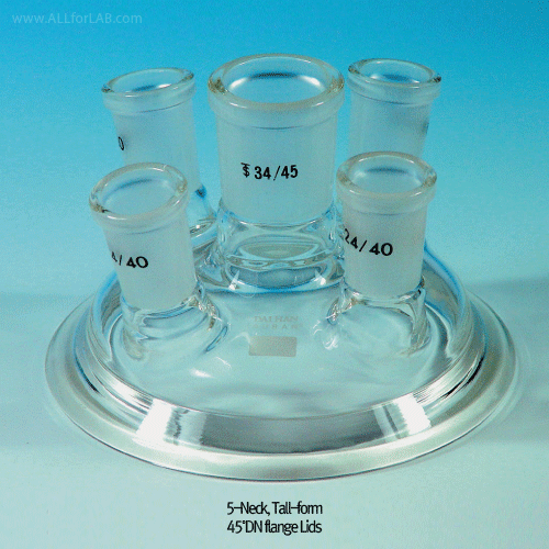 4 &5 Necks DURAN-glass 45° DN-Standard Flange Lids for Reaction Vessels,  14/23,  24/40, and 34/45 with Perfect Compatibility, Chemical & Heat-Resistant, 45° DN-표준 플랜지 반응조 뚜껑, 완벽한 호환성