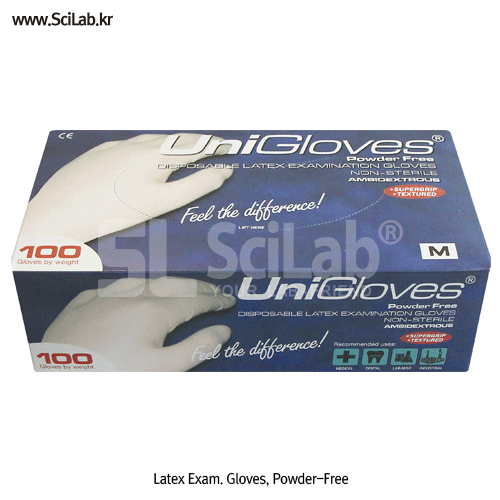 Uni Gloves® Latex Exam. Gloves, Powder-Free, Textured, Medical Premium Grade<br>라텍스 실험장갑, Powder - Free, 엠보싱 처리, Premium Grade AQL 1.5