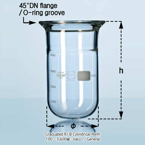 Graduated 100 ~ 12,000㎖ DURAN-glass Round-bottom Vacuum / Pressure Vessel, with 45°DN-flange/O-ring Groove<br>눈금부 환저 진공 / 압력 반응 베셀, O-링 홈부, 완벽한 호환성 표준화 규격, Perfact Compatibility, 0.5 ~ 2.5 bar