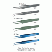 Bochem Extra-Fine Precise Forceps, with Extra-Fine Tip, without Ridges, L105mm(1) High Grade Stainless-steel, (2) PTFE-coated and (3) Titan, 초정밀 팁 포셉/핀셋, 비자성/비부식