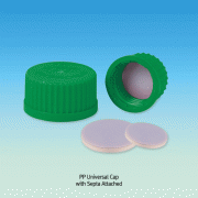 Wisd PTFE / Butyl-Septa Sealed Green PP Universal Cap, for All DIN / GL-Screw Necks of Bottle·Flask·Tube·VesselGood Chemical & Heat Resistance, 125/140℃ Stable, Autoclavable, DIN, GL14~GL45, 만능 GL 스크류캡