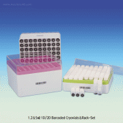 CryoTainTM 1.2~5㎖ 1D & 2D Barcoded Sterile Cryovial & PC Rack-Set, 81 External Thread CryovialsFree of DNase·RNase·Endotoxin-free, 1D Barcode in the Rack, -196℃+121℃, 1D & 2D 바코드 멸균 냉동 바이알과 랙 Set