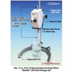 SciLab® High-Speed Analog Overhead Stirrers “WiseStir® SHS-A”, for Low-/Middle-Viscosity, Max.10/20Lit, Max. 3,000rpm with “Push-Through” Shaft(Φ8mm or Less) and Chuck grip Φ3~10mm, Flex-Coupling Φ6~12mm, up to 50,000 mPas