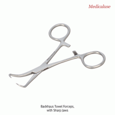 Backhaus Towel Forceps, with Sharp Jaws, L90~130mm, Medicaluse<br>For Holding Drape·Towel, Curved-type, Stainless-steel 410, 백 하우스 타월 포셉, 의료용, 비부식