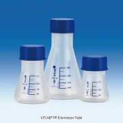 VITLAB® PP Erlenmeyer Flask, with Wide-neck·Screwcap·Blue-scale, GL45, 75~1,000㎖ Suitable for Foodstuff, Highly Transparent, DIN/ISO, <Germany-made>, PP 스크류 캡 삼각 플라스크, 광구