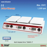 SciLab-brand® Systematic Multi-Hotplate Stirrers, 3- or 6- Places, “SSMHS”,Ceramic-Coated Plates<br>with Digital Feedback Control, Independent Heating & Stirring Control, Back Light LCD, , up to 350℃, 80~1,500 rpm<br>멀티 가열 자력 교반기, 우수한 온도균일성, 3- or 6- 구 개별