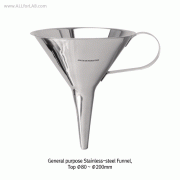 General purpose Stainless-steel Funnel, 60°-angled, Top Φ80~Φ200mmWith Rim & Handle, Non-magnetic 18/10 Stainless-steel, Rustless, 범용 스텐 펀넬