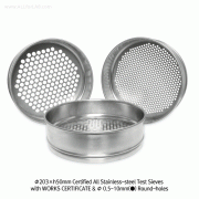 CISA® Φ203×h50mm Certified All Stainless-steel Test Sieve, with WORKS CERTIFICATE & Φ 0.5~10mm(●) Round-holesWith Serial-number, Multi-Use/-Function, 정밀 표준망체, 개별 “보증서” 포함