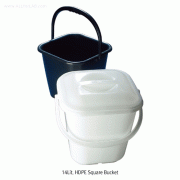 Azlon® 14Lit HDPE Square Bucket, Space Saving, Moulded Graduations, White / Black with Handle Grip, without Lid, sub div. 500㎖~14Lit, -50℃~+105/120℃, HDPE 4각 버켓, 몰드눈금