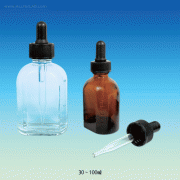 30~100㎖ Slim Square Dropping Bottles, with Screwcap/Dropper, Graduated with PP Screwcap & Rubber Bulb/Pipet, Soda-Lime Glass, Graduated, 눈금부 4각/8면 글라스 드로핑 바틀