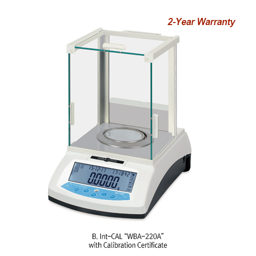 DAIHAN® [d] 0.1mg, max.220g Calibration Certificated Standard Analytical Balance, Φ80·90mm Weighing Plate<br>A. Ext-CAL “WBA-220”, B. Auto Int-CAL “WBA-220A”, with Glass Draft Shield, Back Light LCD, Counting Function, Various Weight Mode<br>“Ext-CAL 외부 보