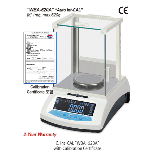 DAIHAN® [d] 1mg, max.320g & 620g Calibration Certificated Hi-Precision Lab Balance, Φ90·110·128mm Weighing Plate<br>Ext-CAL “WBA-320 & 620”, Auto Int-CAL “WBA-620A”, with Glass Draft Shield, Super Size Back Light LCD, Counting Function, Various Weight Mod