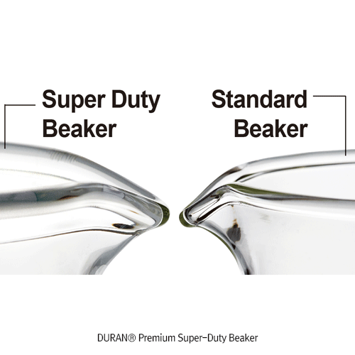 DURAN® Premium Super-Duty Beaker, with Highly Reinforced Rim & Bottom, Low Form, Boro Glass 3.3, 150~5,000㎖<br>Higher Strength in Impact/Mechanics/Stability, Max Thick-8/9.5mm Rim and -4/5mm Bottom, 프리미엄 슈퍼듀티 비커, 보다 우수한 작업 안정성