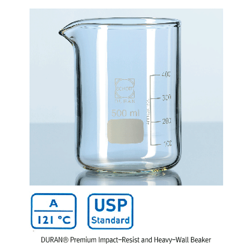 DURAN® Premium Impact-Resist and Heavy-Wall Beaker, with Equality Max-Thick-3.5/4mm, Low Form, Boro Glass 3.3, 100~20,000㎖<br>30%(approx) Better Mechanical Strength than Standard, Long Time Life, 프리미엄 내충격/내구성 비커, 긴수명