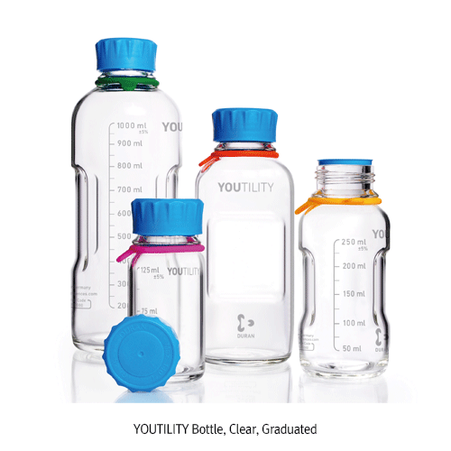 DURAN® YOUTILITY Lab-Bottle System, Graduated, 125~1,000㎖<br>With GL45 Screwcap & Pouring Ring & Silicone Tag, 유틸리티 랩바틀