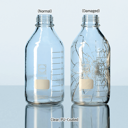 DURAN® Premium Safety Plastic PU-Coated Lab Bottle, With/Without GL Cap & Pour-Ring, Clear & Amber, 25~20,000㎖<br>Boro-glass 3.3, with Graduation & DIN GL-Screwthread, Autoclavable, -30℃+135℃, 안전플라스틱 코팅 랩바틀