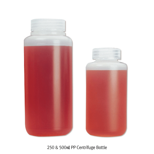 250 & 500㎖ Centrifuge Bottles, PP, with Screwcap, Autoclavable, 13,200xg & 13,700xg<br>Excellent Chemical Resistance, Translucent, -10℃+125/140℃, <USA-Made> PP 원심관(병)/大광구병