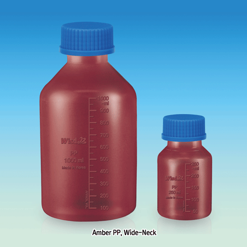 WisdTM PP Wide-neck MeasureTM Lab Bottle, with DIN/GL-32 & 45 Basic Cap, Precisely Graduated, 100~5,000㎖<br>Transparent & Opaque Amber, Good Chemical / Heat Resistance, 125/140℃ Stable, PP 광구 랩 바틀, 정밀눈금