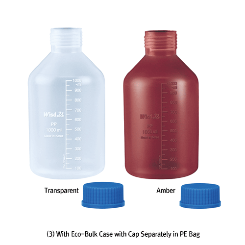 WisdTM PP Wide-neck MeasureTM Lab Bottle, with DIN/GL-32 & 45 Basic Cap, Precisely Graduated, 100~5,000㎖<br>Transparent & Opaque Amber, Good Chemical / Heat Resistance, 125/140℃ Stable, PP 광구 랩 바틀, 정밀눈금
