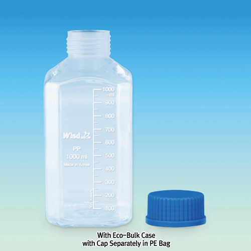 WisdTM PP Space Saver SQUARE MeasureTM Lab Bottle, Wide-neck, with DIN/GL-32 & 45 Basic Cap Attached, 100~1,000㎖<br>Precisely Graduated, Transparent, Good Chemical/Heat Resistance, 125/140℃ Stable, Autoclavable, PP 4각 광구 랩 바틀, 정밀눈금