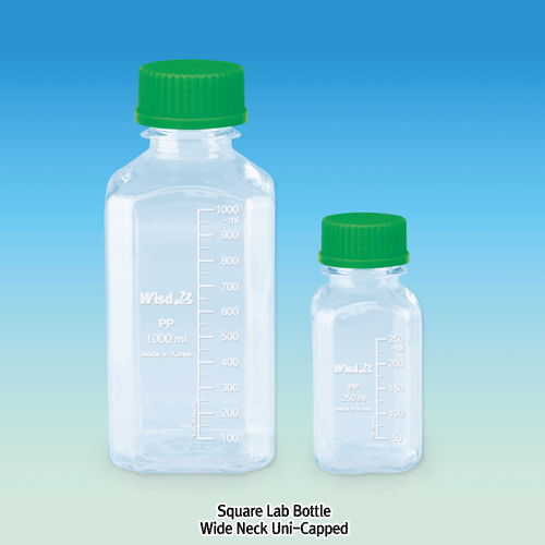 WisdTM “Leak-Proof” PTFE/Butyl Septa-sealed PP MeasureTM Lab Bottle, with DIN/GL Universal Cap, 100~5,000㎖<br>Precisely Graduated, Excellent for Sealing & Chemical Resistance, Transparent, 125/140℃ Stable, Autoclavable, “리크프루프” PP 랩바틀, 정밀눈금