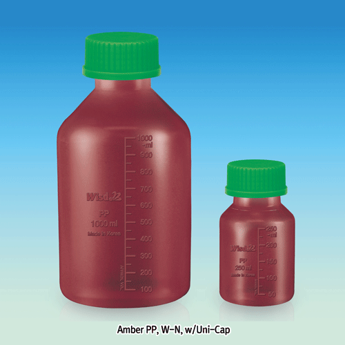 WisdTM “Leak-Proof” PTFE/Butyl Septa-sealed PP Amber MeasureTM Lab Bottle, with DIN/GL Universal Cap, 100~2,000㎖<br>Precisely Graduated, Excellent for Sealing & Chemical Resistance, 125/140℃ Stable, Autoclavable, “리크프루프” PP 랩바틀, 정밀눈금
