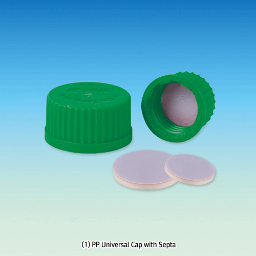 WisdTM PTFE/Butyl-Septa Sealed PP/GL Universal Cap, For All DIN/GL-Screw Neck of Bottle·Tube·Vessel·Vial<br>Good Chemical & Heat-Resistance, 125/140℃ Stable, Autoclavable, DIN, GL14~GL45, 만능 GL 스크류캡, 테프론/부틸셉타포함