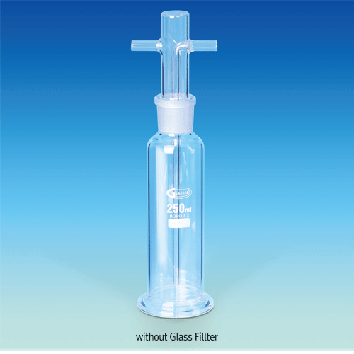 Basic Gas Washing Bottle, with or without Glass Filter Disc P2(40~90㎛), 250 & 500㎖<br>With 29/32 Cone Joint Head, Boro Glass 3.3, 29/32 조인트 가스 세척병