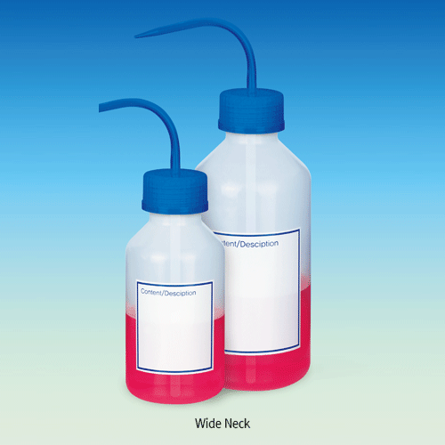 WisdTM PP Narrow & Wide-neck Wash Bottle, Autoclavable, Fine Graduated, Transparent, 500 & 1,000㎖<br>Printed DIY Content Marking Panel on Bottle, GL32 & GL45 Blue cap, 0℃~125/140℃ Stable, 마킹형 세구 & 광구 세척병, PP