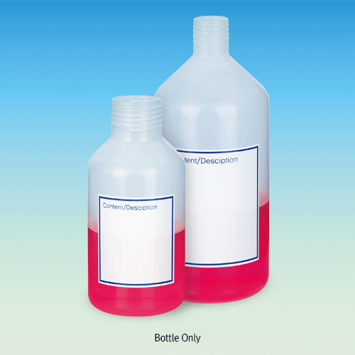 WisdTM PP Narrow & Wide-neck Wash Bottle, Autoclavable, Fine Graduated, Transparent, 500 & 1,000㎖<br>Printed DIY Content Marking Panel on Bottle, GL32 & GL45 Blue cap, 0℃~125/140℃ Stable, 마킹형 세구 & 광구 세척병, PP