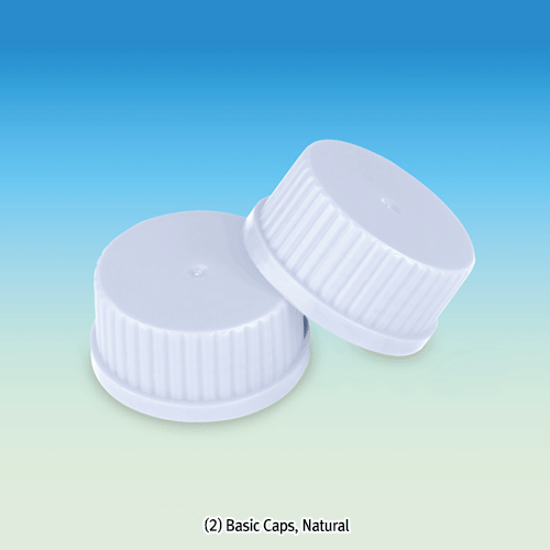 WisdTM PP Lab Bottle Basic Cap, Blue and Natural, DIN GL-25·32·45, Autoclavable<br>Cap has a Built-In Wedge-shaped Sealing Ring, 125/140℃, WisdTM 플라스틱 PP 랩바틀전용 스크류 캡
