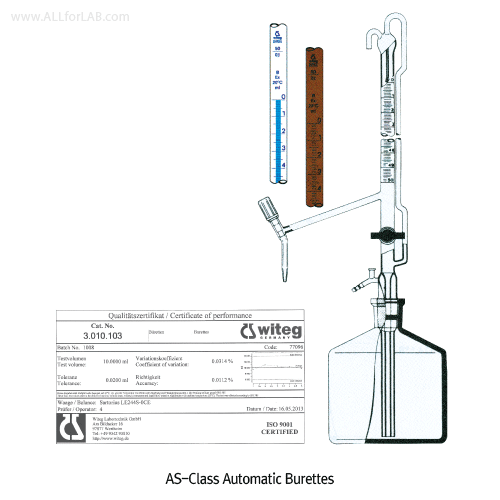 “witeg” Premium AS-Class Automatic Buret, with Batch Certificate, with 2Lit Bottle, Clear & Amber, 10·25·50㎖<br>With PTFE-Needle Valve & Intermediate Stopcock, DIN/ISO, AS급 자동뷰렛, 셋트, 중간코크부착형, 병 포함