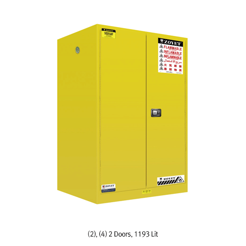 Zoyet® 15min-resistant Flammable Safety Cabinet “ZYC”, with Double Layer Fire Proof Steel with Insulation Layer, 53~1683 Lit<br>For Easy Open & Close 180° Door with Double Keys, with High Visible Warning Label, with Manual-/Self Closing-Door<br>Compliance