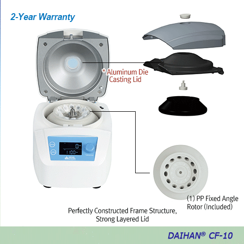 DAIHAN® 12-Place Premium Pro-microcentrifuge Set “CF-12”, Max. 13,500rpm, 12,225×g<br>With Aluminum Die Casting Lid & Electronic Lid Lock System, Autoclavable PP Fixed Angle Rotor for 12×0.2-/0.5-/1.5-/2.0-㎖ Tubes<br>프로-마이크로 원심분리기, 전자식 안전 도어 잠금 시스템, 앵글 로터