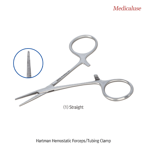 Hartman Hemostatic Forceps/Tubing Clamp, with Serrated Clamp Head, L105mm, Medicaluse<br>Straight- & Curved-type, Stainless-steel 410, 하트만 지혈겸자 포셉 및 튜빙 클램프 겸용, 의료용 & 랩겸용, 비부식