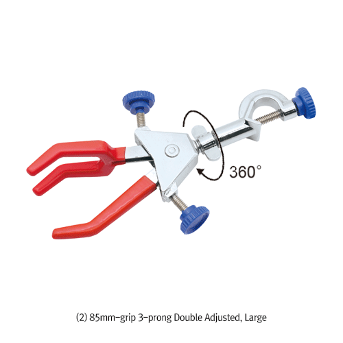 3-prong Double Adjusted Swivel Clamp & Holder, Grip 60 & 85mm<br>With Non-slip, Clamp to Rotate 360˚, Zinc Alloy with Chromed, 회전형 클램프와 홀더