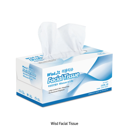 WisdTM Facial Tissue, 100% Virgin Natural Pulp, 2-Layer, 210×200mm<br>Non-Fluorescence·Fragrance·Dye, 250 Sheets, 미용티슈