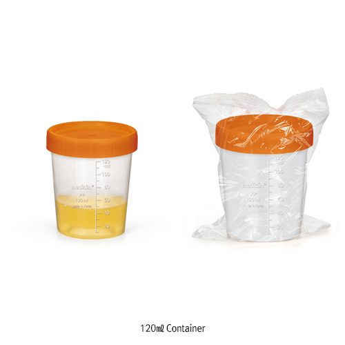 mediclin® 60&120㎖ Perfect Sealing Specimen Container, All-PP, Sterile or Non-sterile, with Screwcap & Graduation<br>Ideal for Urine, Medical Sample, etc., Leak-proof, Autoclavable, 눈금부 샘플 컨테이너, 소변 및 의료용 샘플 검사용, 멸균 & 비멸균